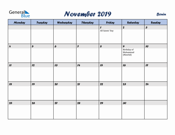 November 2019 Calendar with Holidays in Benin