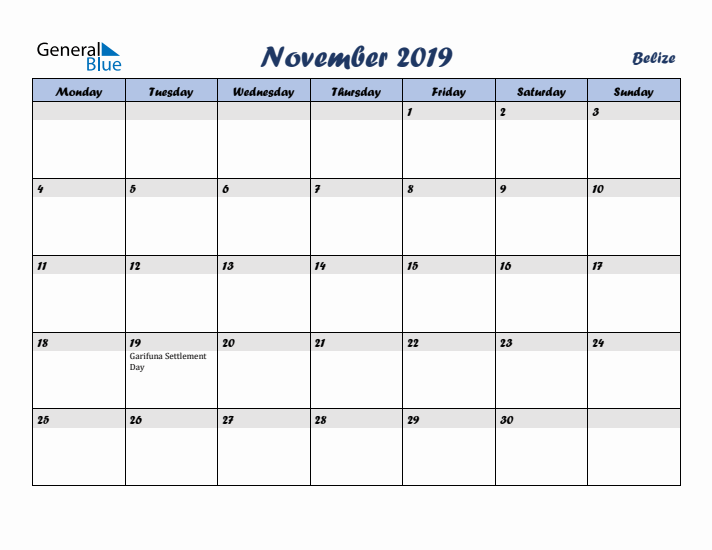 November 2019 Calendar with Holidays in Belize