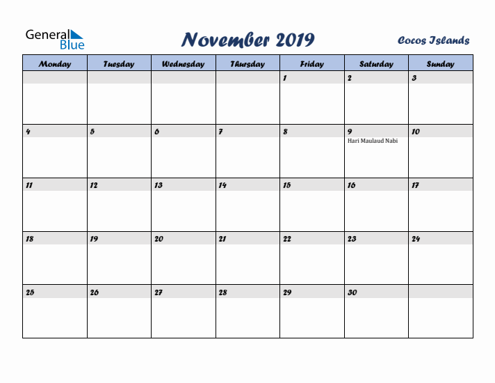 November 2019 Calendar with Holidays in Cocos Islands