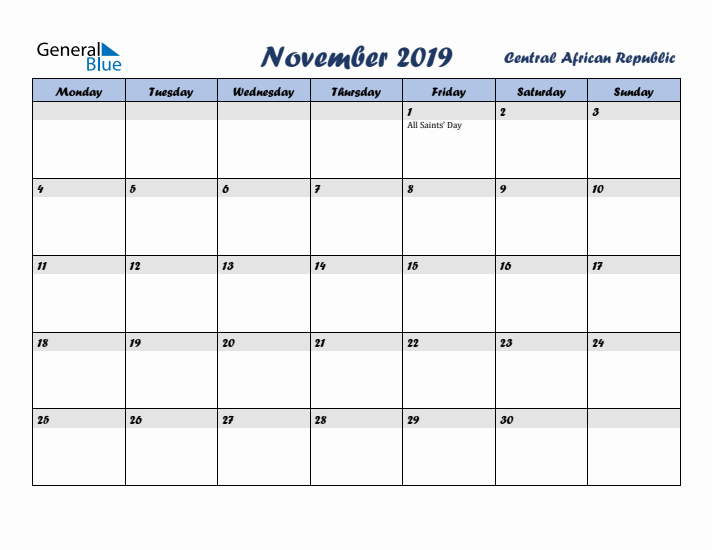 November 2019 Calendar with Holidays in Central African Republic