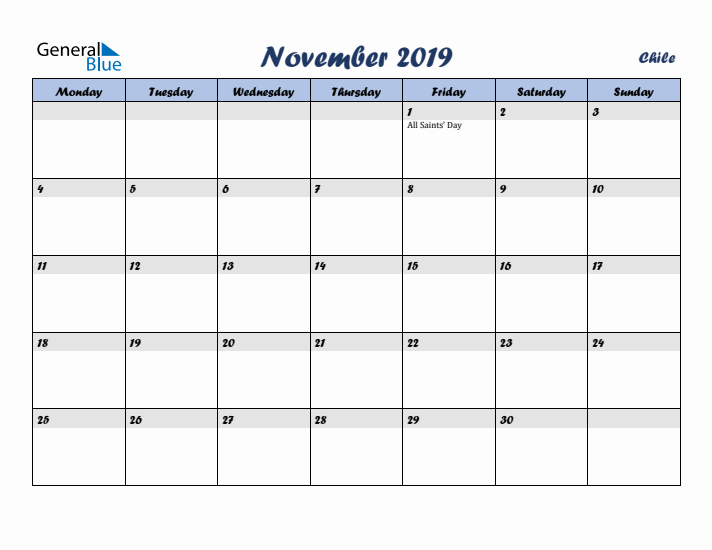 November 2019 Calendar with Holidays in Chile