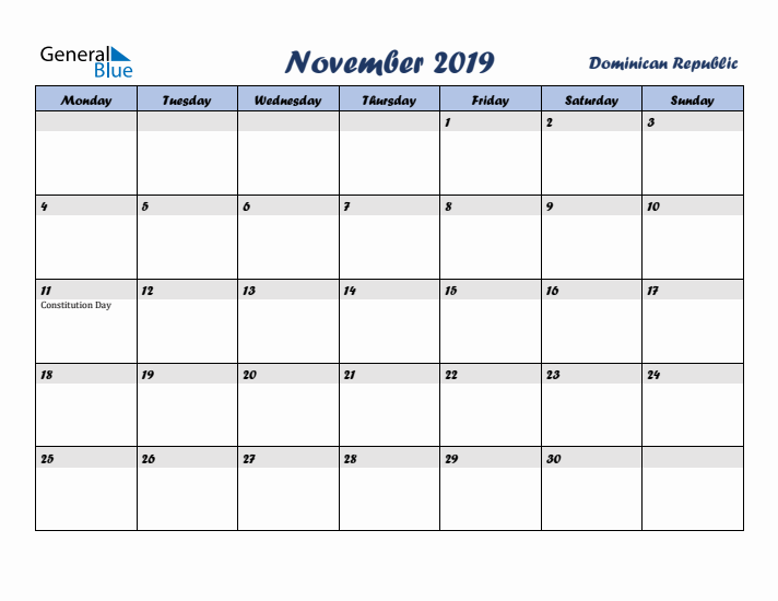 November 2019 Calendar with Holidays in Dominican Republic