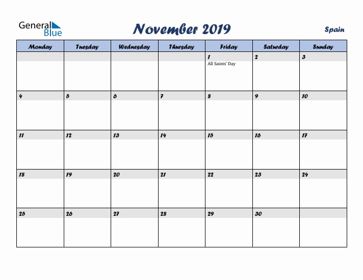 November 2019 Calendar with Holidays in Spain