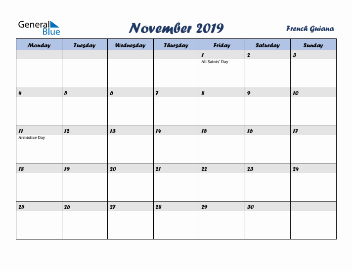 November 2019 Calendar with Holidays in French Guiana