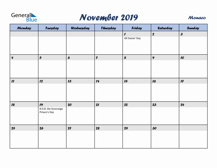 November 2019 Calendar with Holidays in Monaco