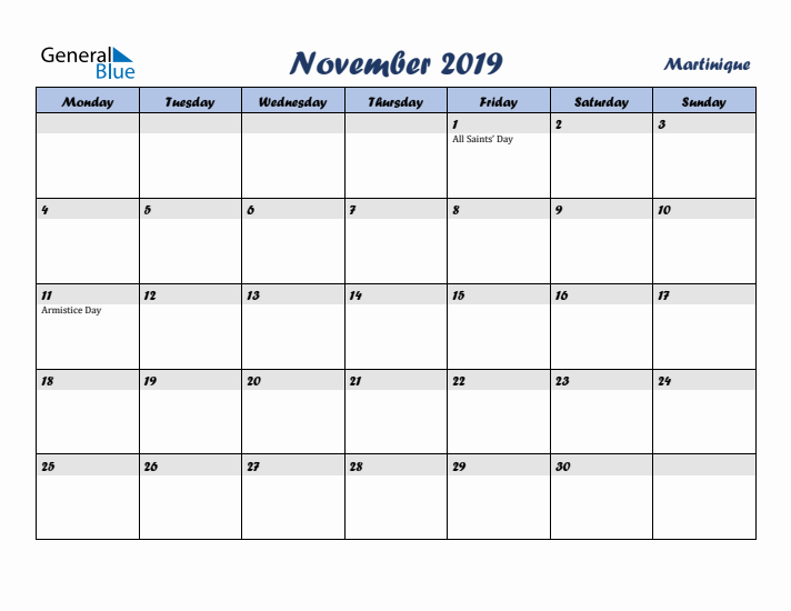 November 2019 Calendar with Holidays in Martinique