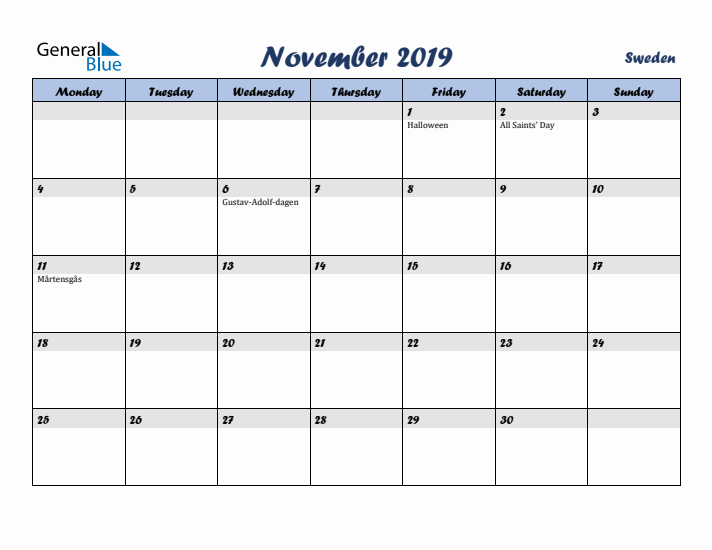 November 2019 Calendar with Holidays in Sweden