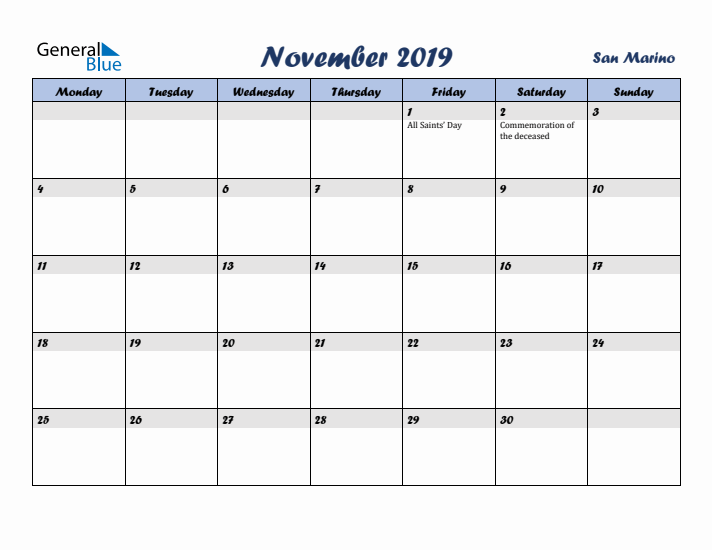 November 2019 Calendar with Holidays in San Marino