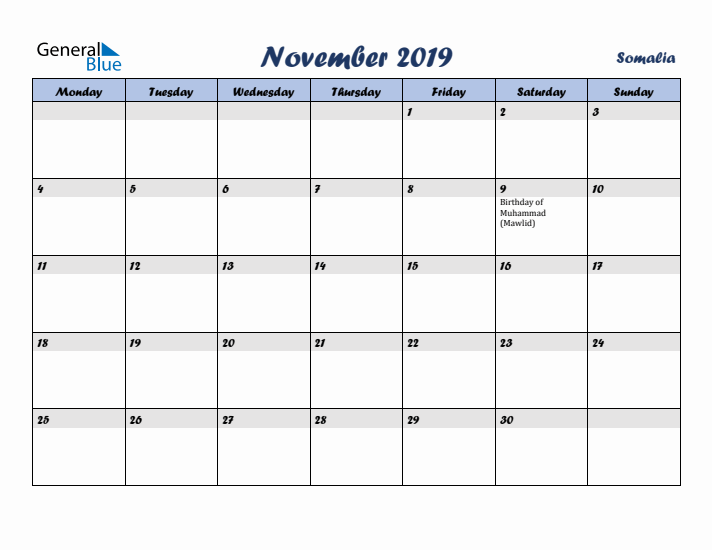 November 2019 Calendar with Holidays in Somalia