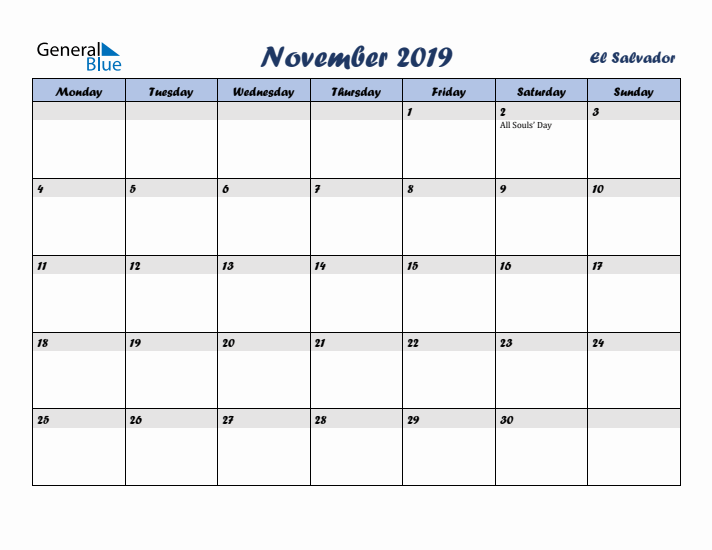 November 2019 Calendar with Holidays in El Salvador