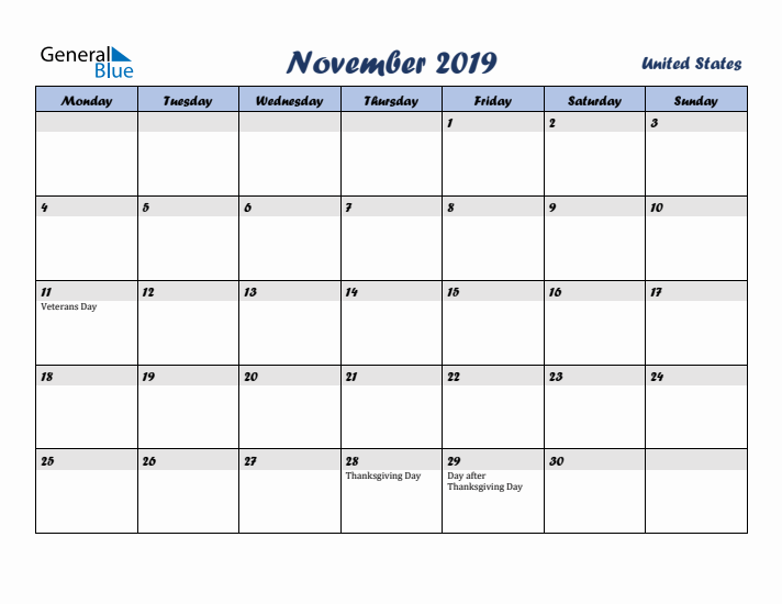 November 2019 Calendar with Holidays in United States