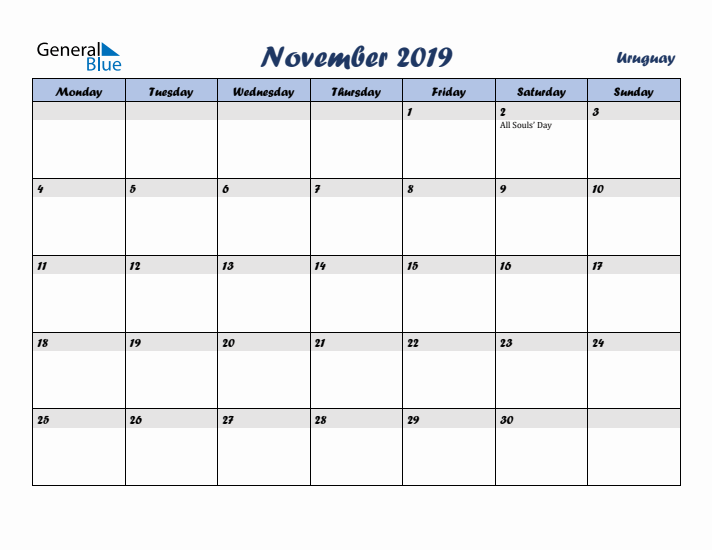 November 2019 Calendar with Holidays in Uruguay