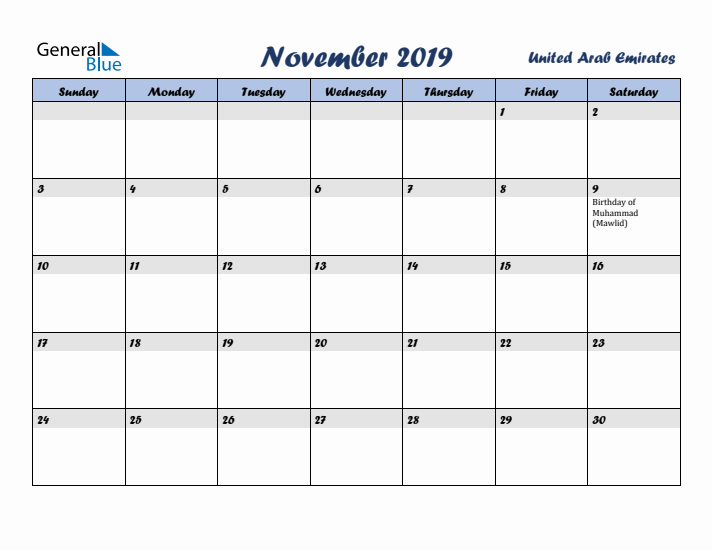 November 2019 Calendar with Holidays in United Arab Emirates