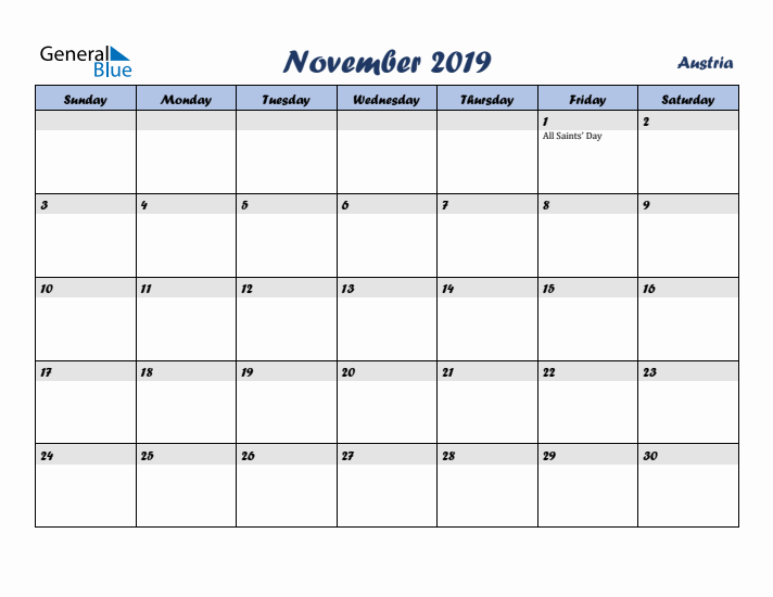 November 2019 Calendar with Holidays in Austria