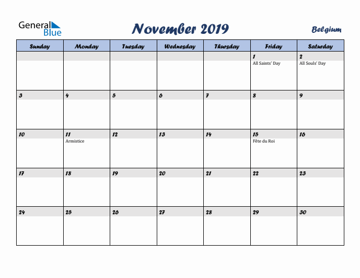 November 2019 Calendar with Holidays in Belgium