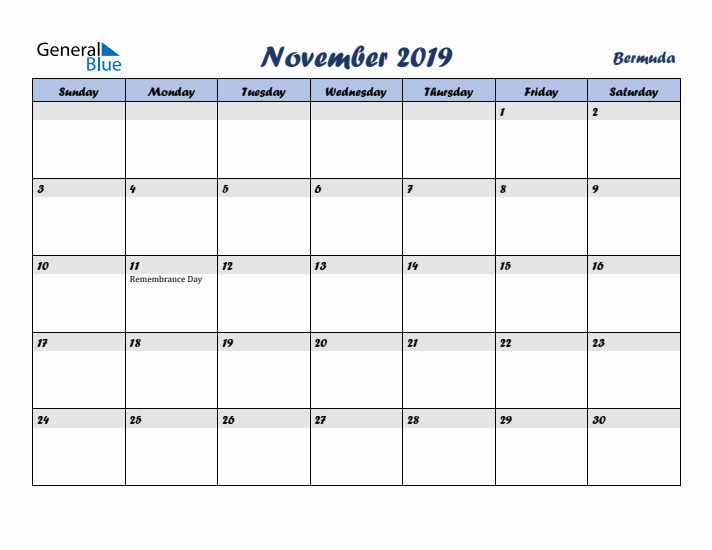 November 2019 Calendar with Holidays in Bermuda