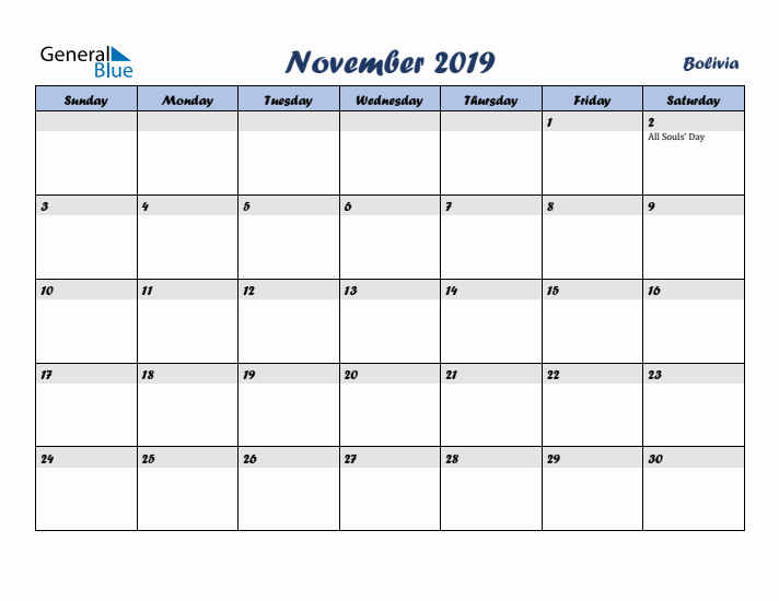 November 2019 Calendar with Holidays in Bolivia