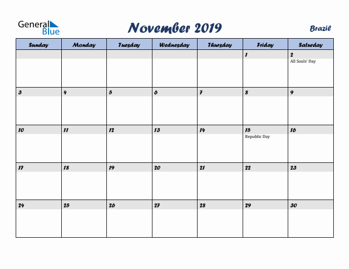 November 2019 Calendar with Holidays in Brazil