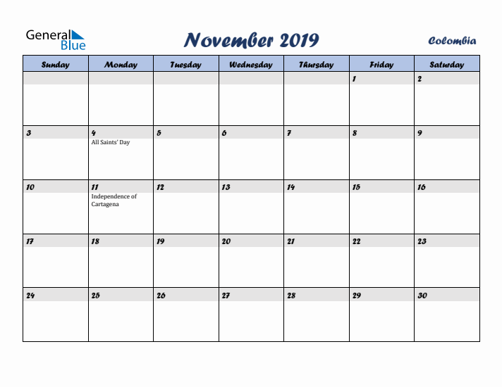 November 2019 Calendar with Holidays in Colombia