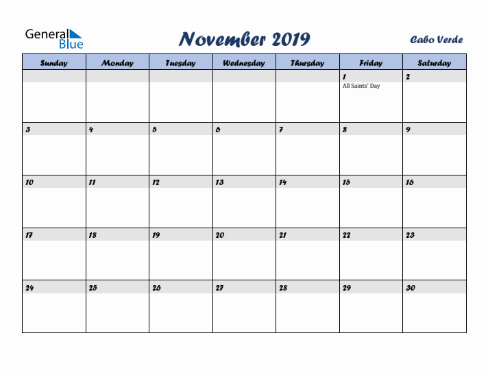 November 2019 Calendar with Holidays in Cabo Verde