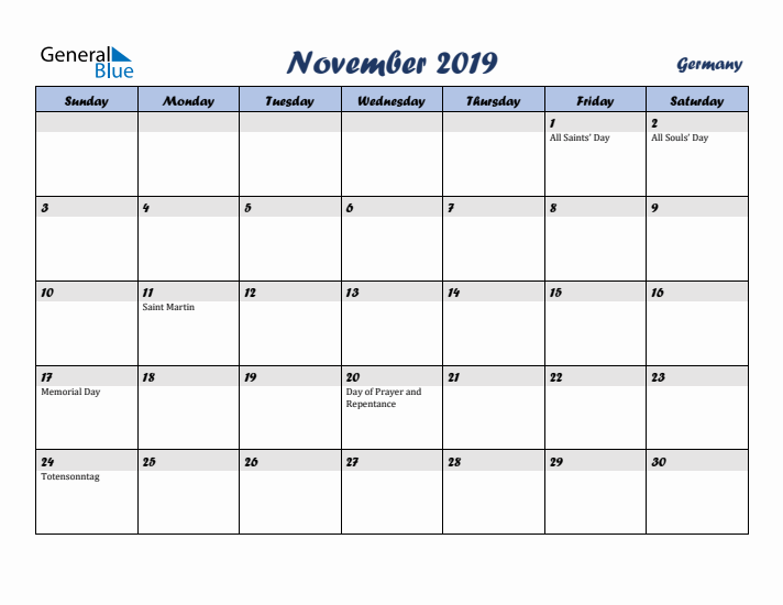 November 2019 Calendar with Holidays in Germany