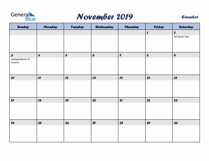 November 2019 Calendar with Holidays in Ecuador