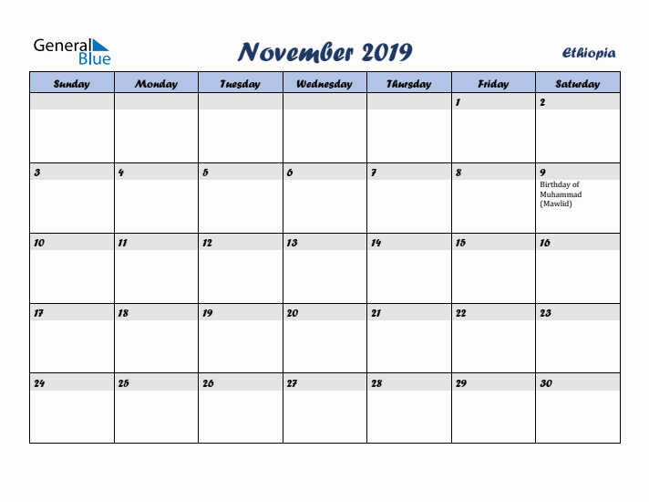 November 2019 Calendar with Holidays in Ethiopia