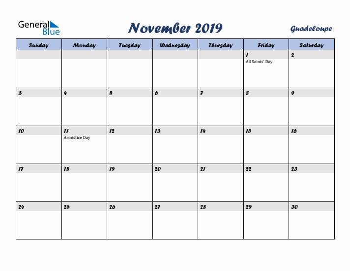 November 2019 Calendar with Holidays in Guadeloupe