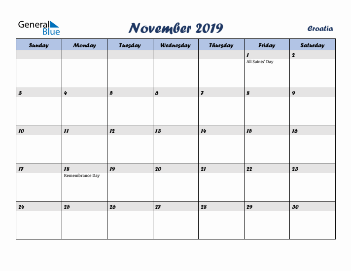 November 2019 Calendar with Holidays in Croatia