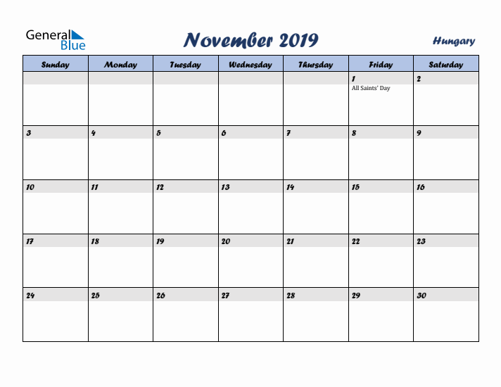 November 2019 Calendar with Holidays in Hungary