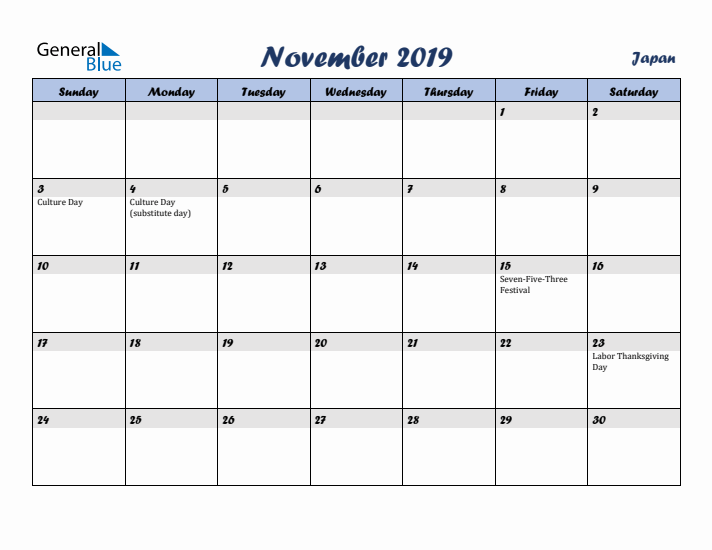 November 2019 Calendar with Holidays in Japan