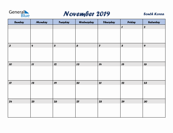 November 2019 Calendar with Holidays in South Korea