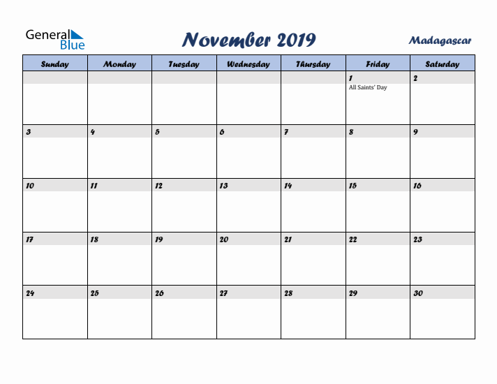 November 2019 Calendar with Holidays in Madagascar