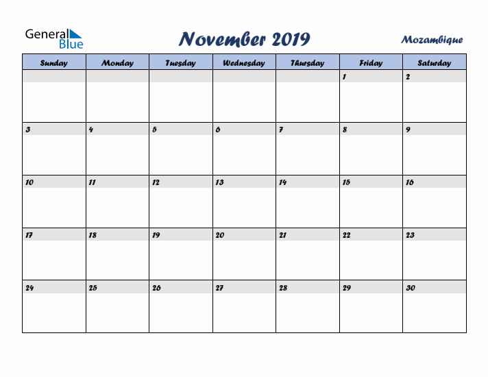 November 2019 Calendar with Holidays in Mozambique