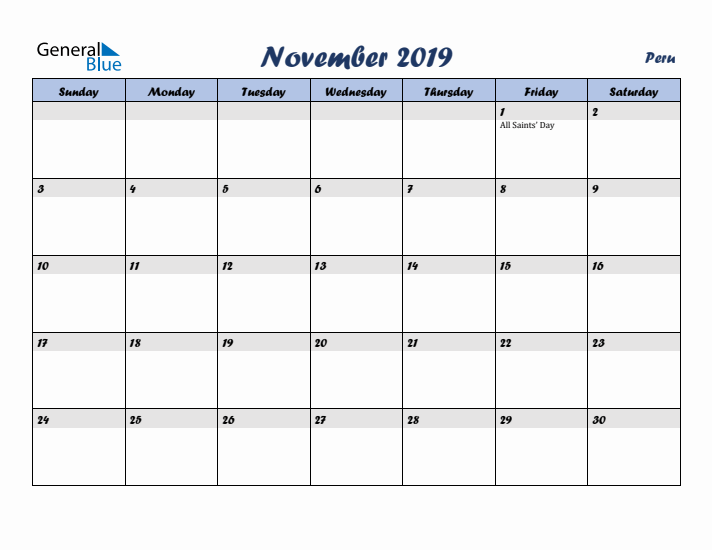 November 2019 Calendar with Holidays in Peru