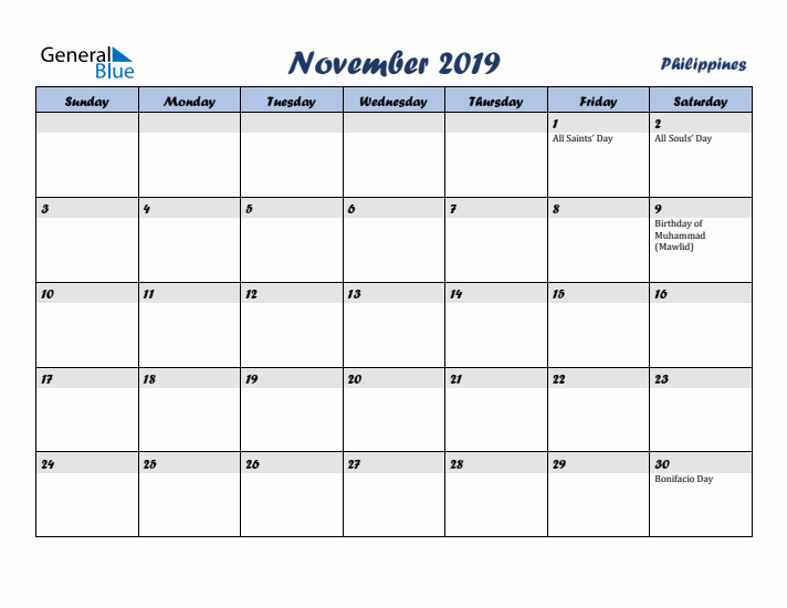 November 2019 Calendar with Holidays in Philippines