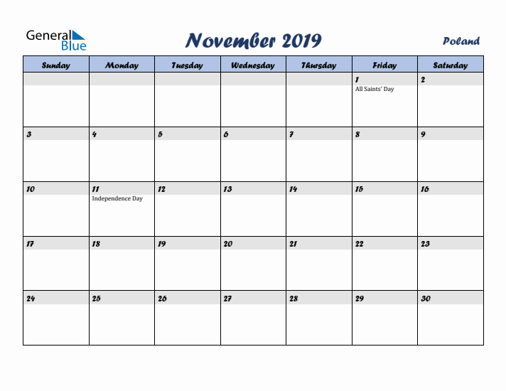 November 2019 Calendar with Holidays in Poland