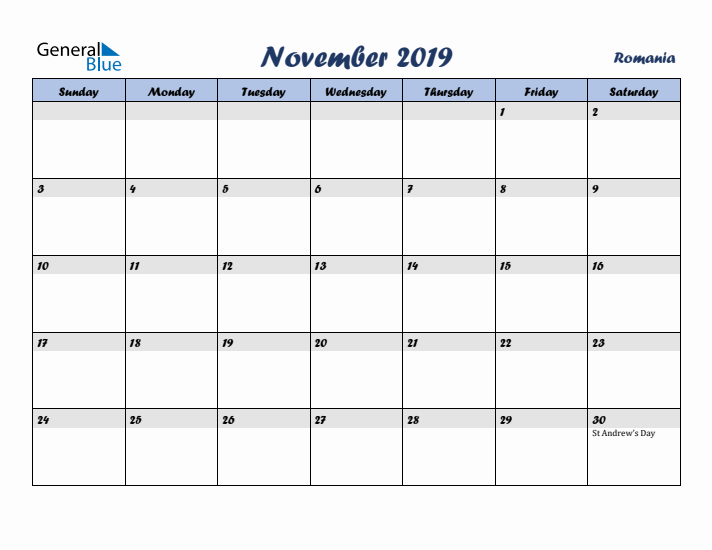 November 2019 Calendar with Holidays in Romania