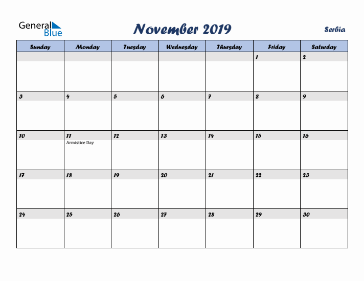 November 2019 Calendar with Holidays in Serbia