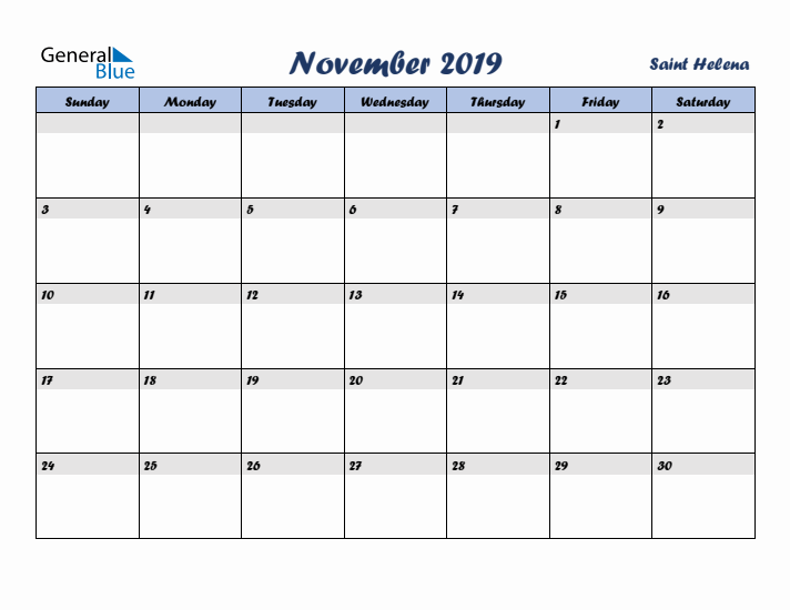 November 2019 Calendar with Holidays in Saint Helena