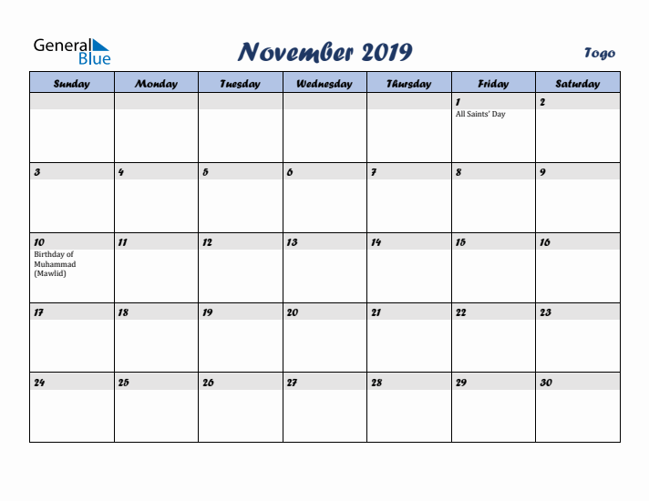 November 2019 Calendar with Holidays in Togo