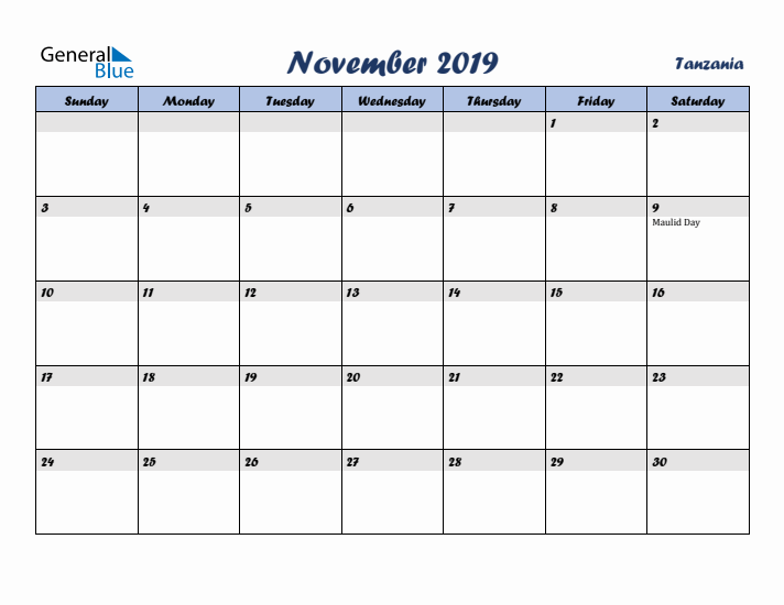 November 2019 Calendar with Holidays in Tanzania