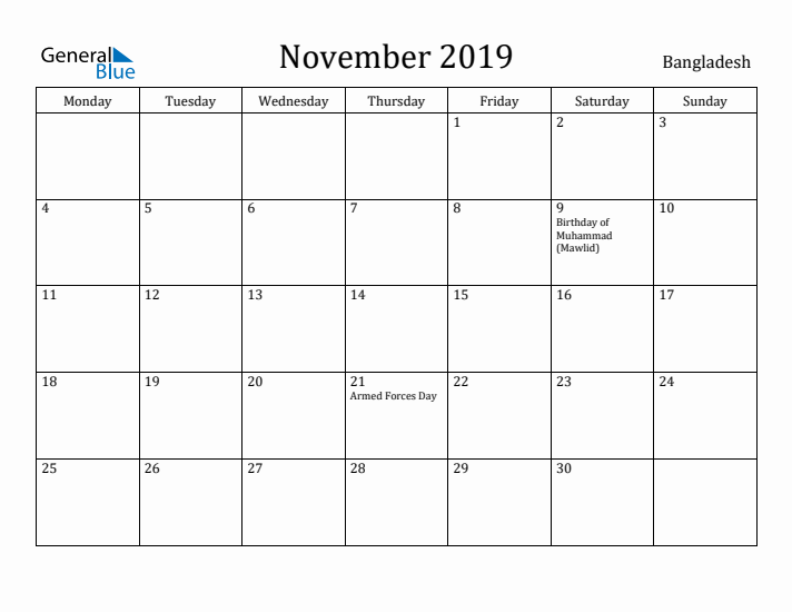 November 2019 Calendar Bangladesh