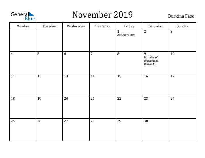 November 2019 Calendar Burkina Faso