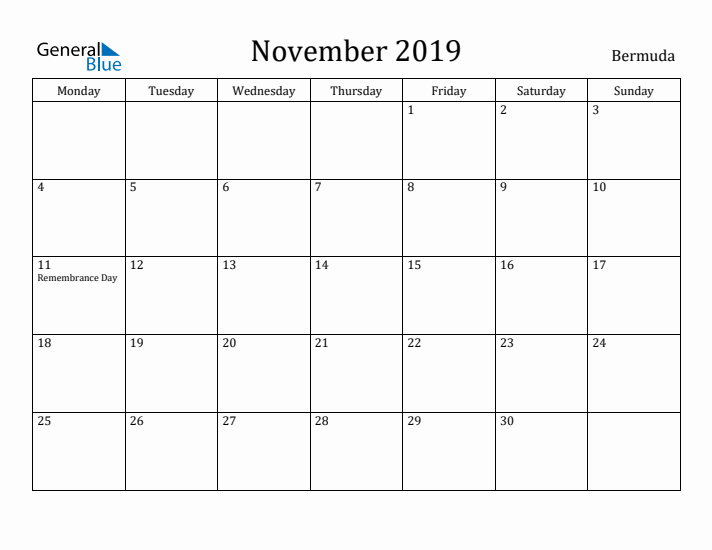 November 2019 Calendar Bermuda