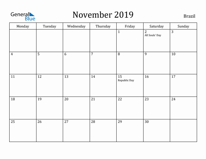 November 2019 Calendar Brazil