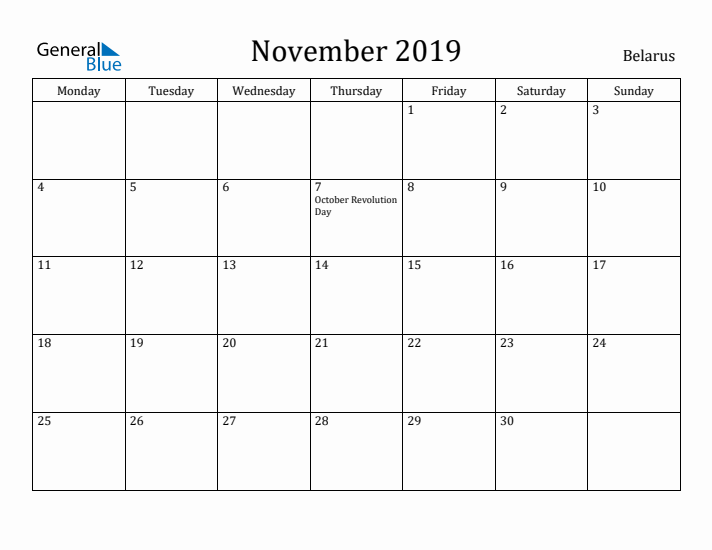 November 2019 Calendar Belarus