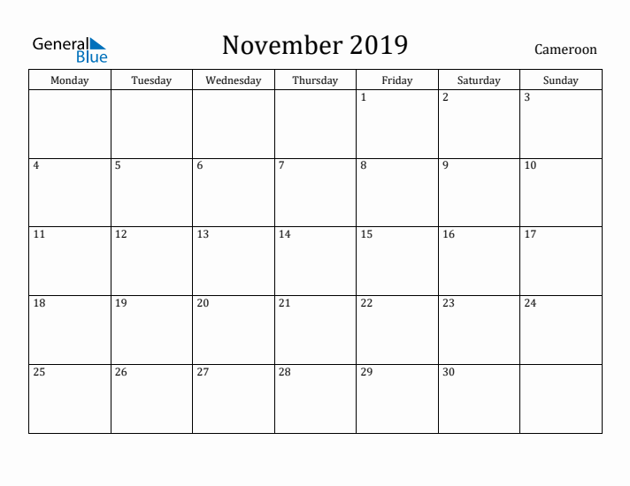 November 2019 Calendar Cameroon