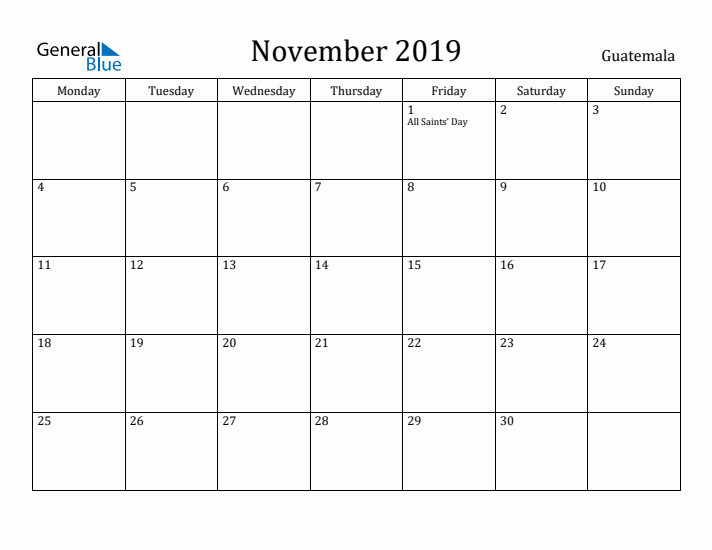 November 2019 Calendar Guatemala