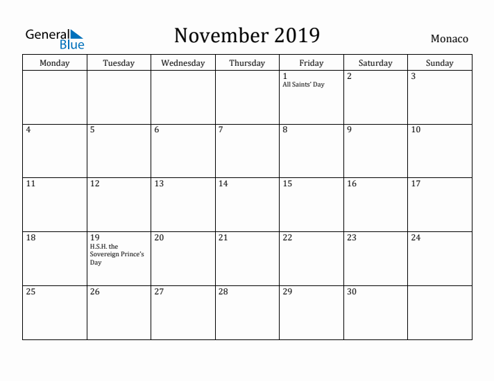 November 2019 Calendar Monaco